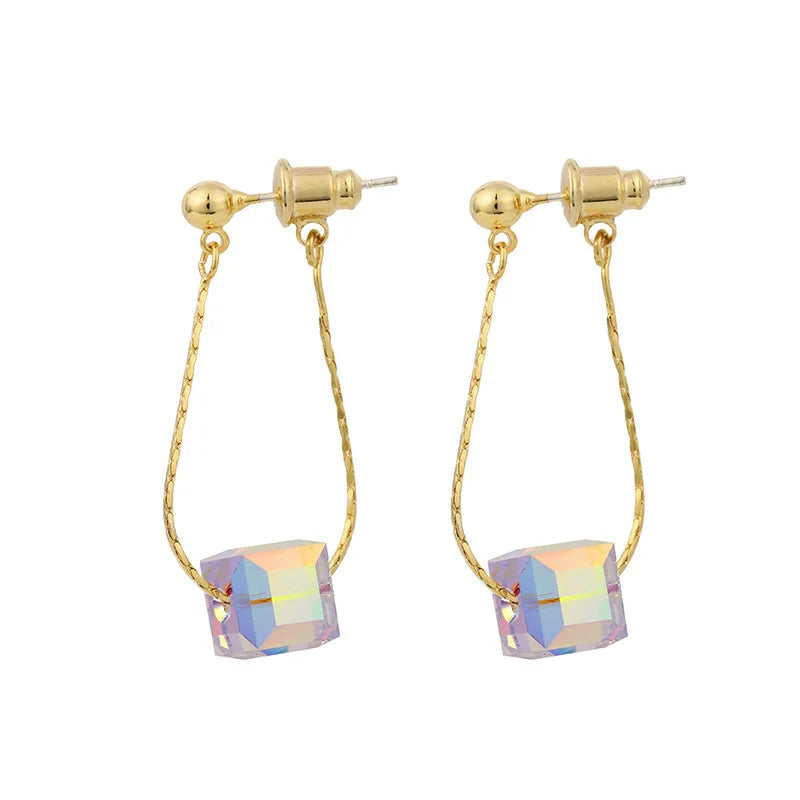 Elegant Aurora Cube Crystal Chain Tassel Loop Stud & Clip On No Piercing Gold Alloy Dangle Earrings