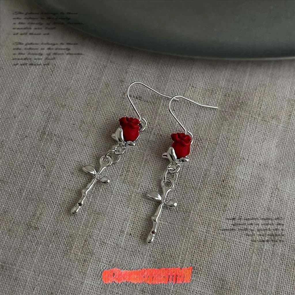 Copper Red Rose Flower Drop Earrings, Minimalist Sweet Cool Style
