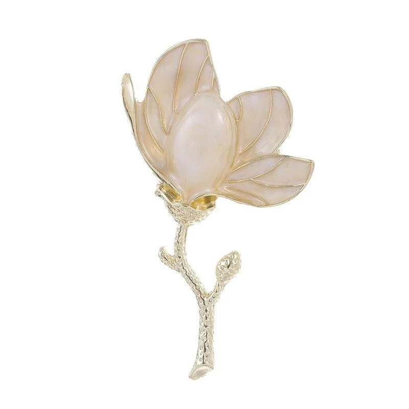 Elegant French Magnolia Flower Brooch With Mother Of Pearl Enamel Petals, Gold Alloy Lapel Pin Corsage Gift