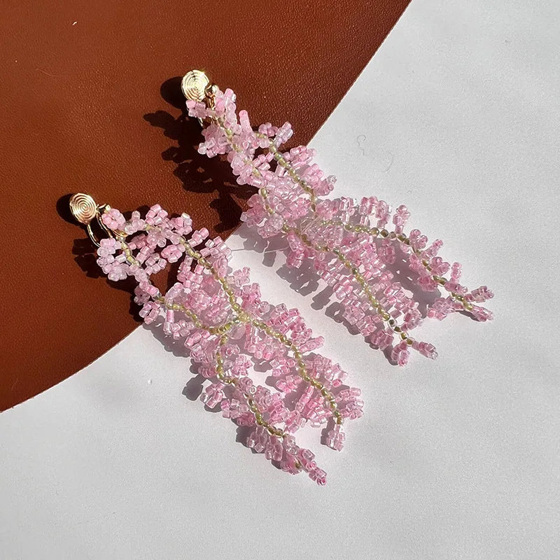 Elegant Pink Flower Beaded Long Tassel Alloy Stud & Clip On No Piercing Handmade Fringe Earrings