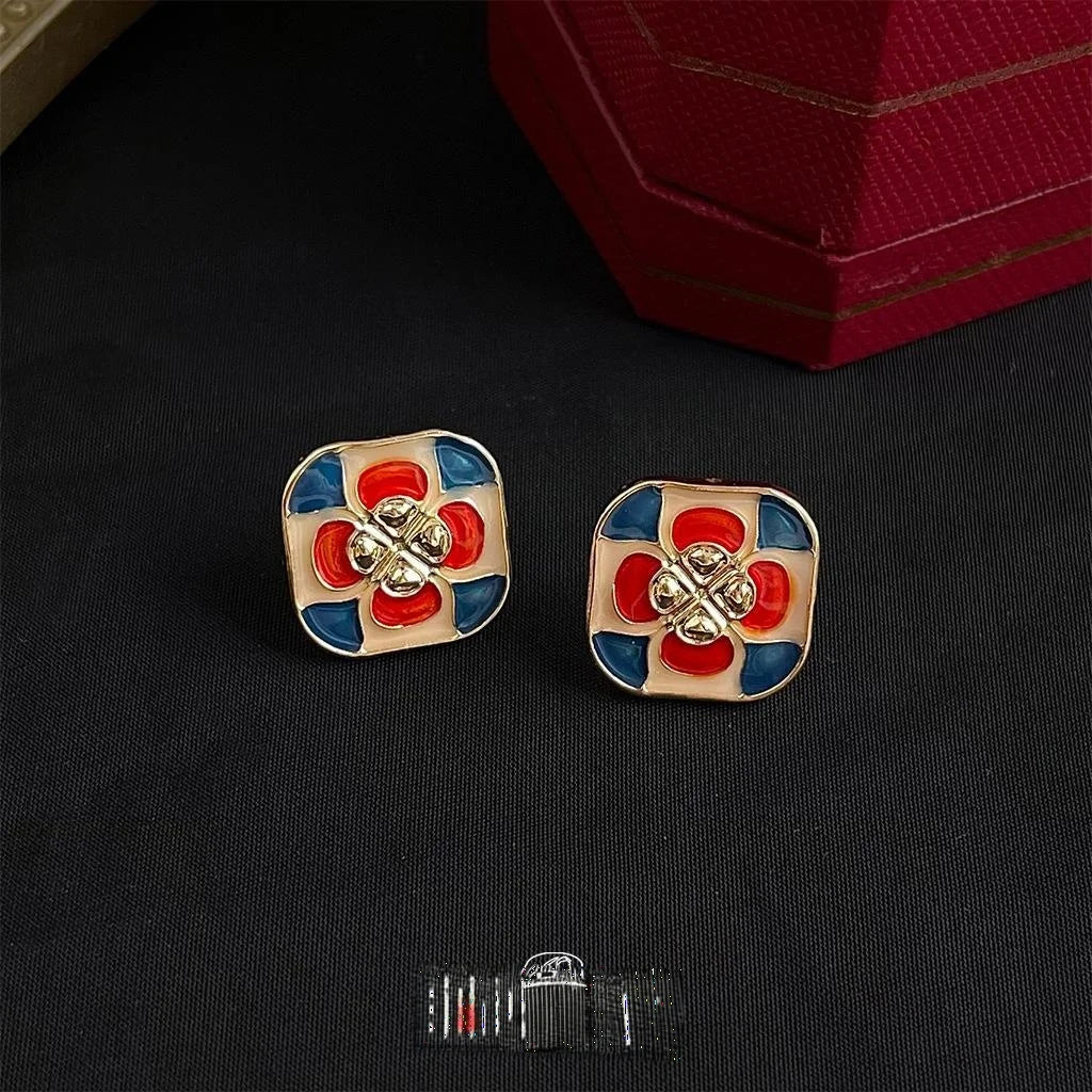 14K Plated Copper Rose Geometric Enamel Stud Earrings Vintage Tibetan Ethnic Style