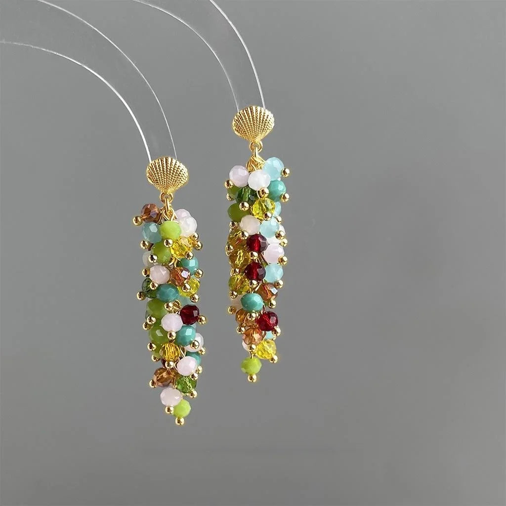 Boho Vacation Style Glass Crystal Tassel Drop Earrings, Colorful Handmade Copper Geometric Jewelry