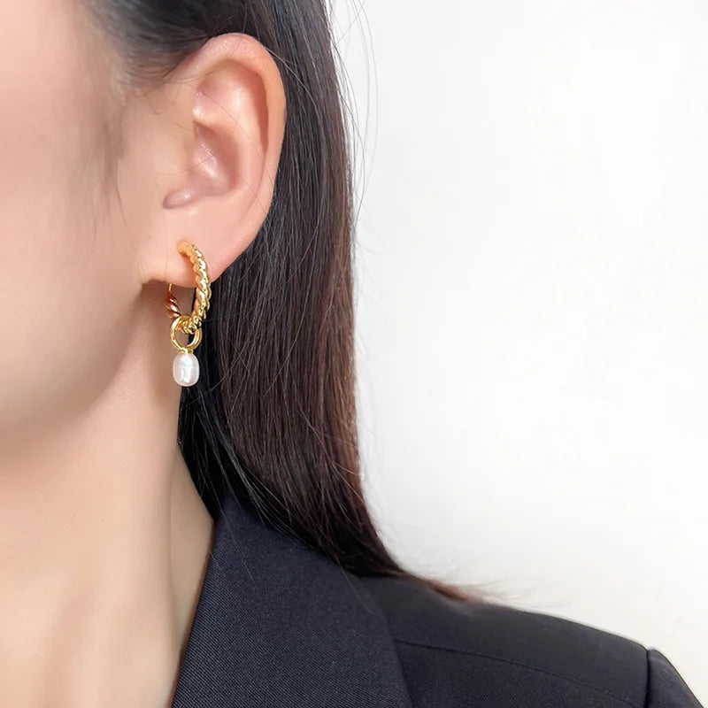 Elegant Twisted Hoop Freshwater Pearl Dangle Stud & Clip On No Piercing Spiral Ear Cuff Earrings