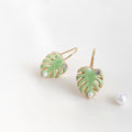 Green Enamel Monstera Leaf Copper Drop Earrings, Vintage Pastoral Fresh Artistic Jewelry