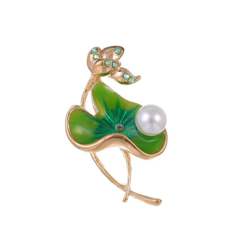 Elegant Lotus Leaf Pearl Brooch With Enamel Alloy Rhinestone Accents, Women's Lapel Pin Corsage Gift