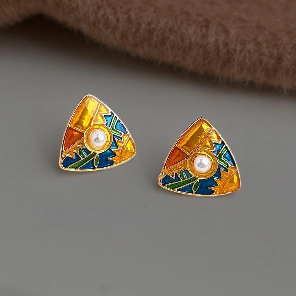 French Vintage Geometric Triangle Hand Painted Drip Enamel Zinc Alloy Stud Earrings