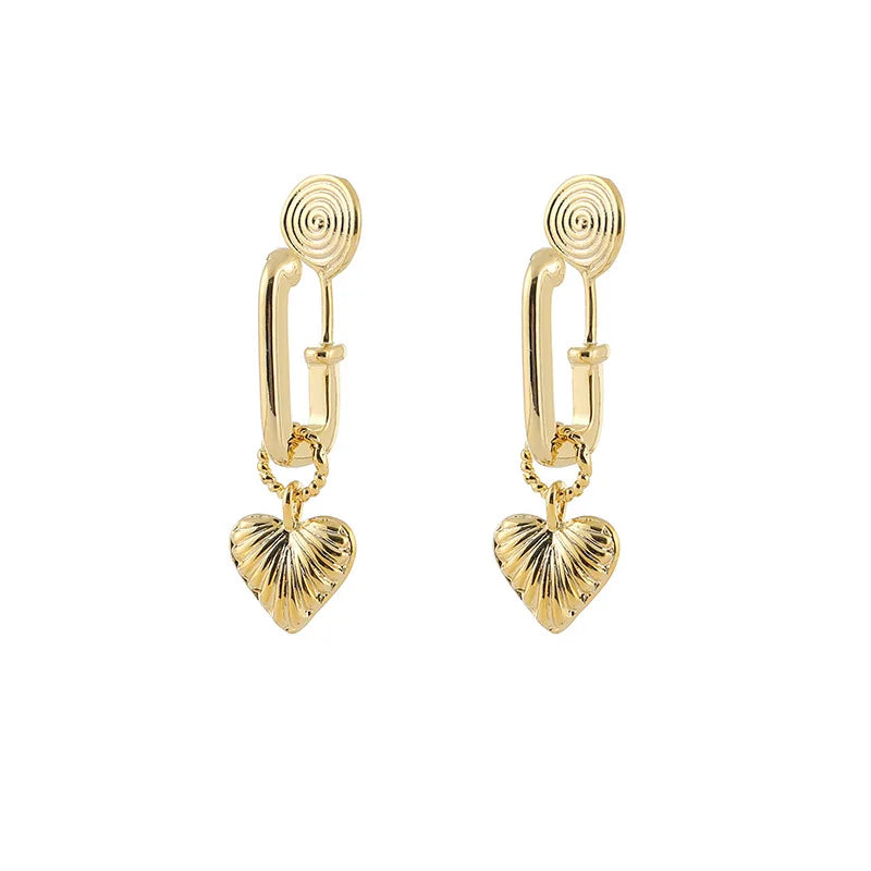 Vintage Gold Alloy U Hoop With Striped Heart Charm Stud & Clip On No Piercing Fashion Earrings