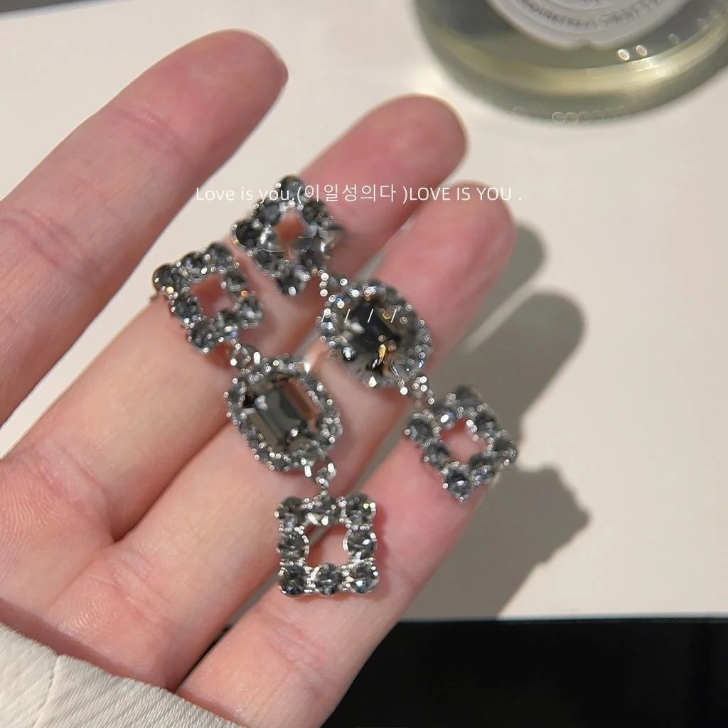 Light Luxury Gray Glass Crystal Hollow Geometric Copper Drop Earrings For Women