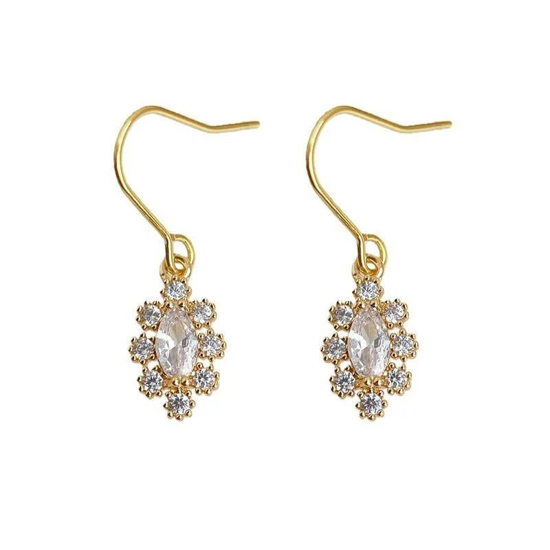 14K Plated Copper Micro Pave Zircon Drop Earrings, Light Luxury Floral Geometric Jewelry For Women