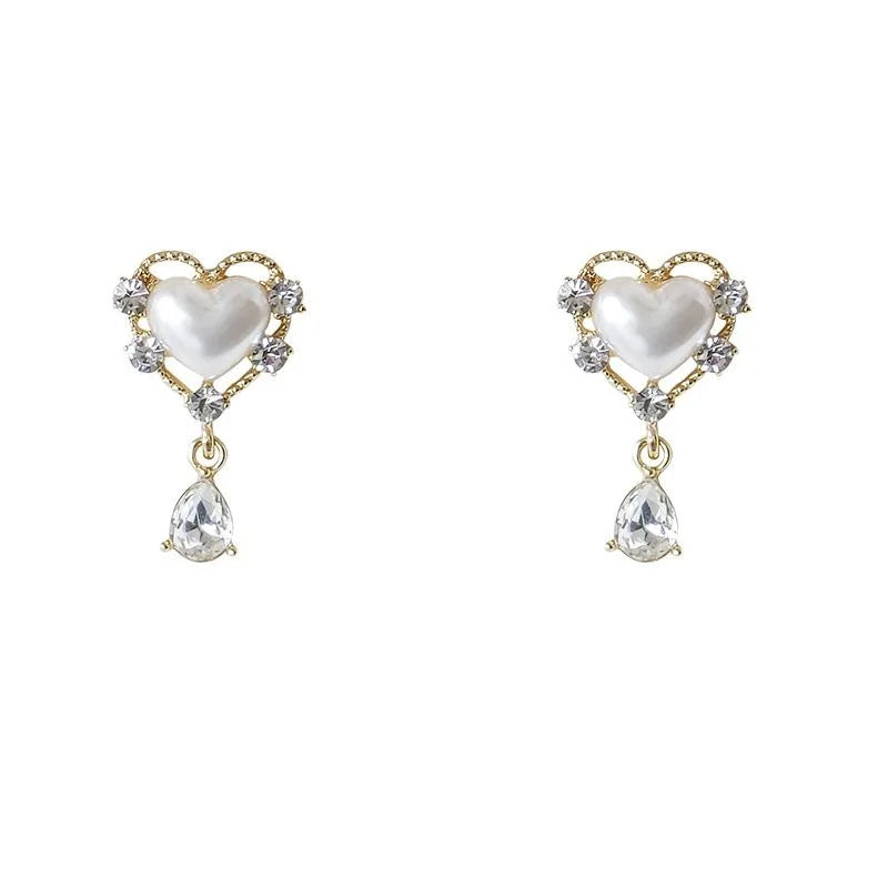 Vintage 14K Plated Alloy Heart Pearl Glass Teardrop Stud Earrings For Women