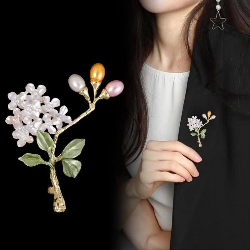 Elegant Hydrangea Flower Brooch With Pearl Buds And Enamel Leaves, Gold Alloy Lapel Pin Corsage Gift