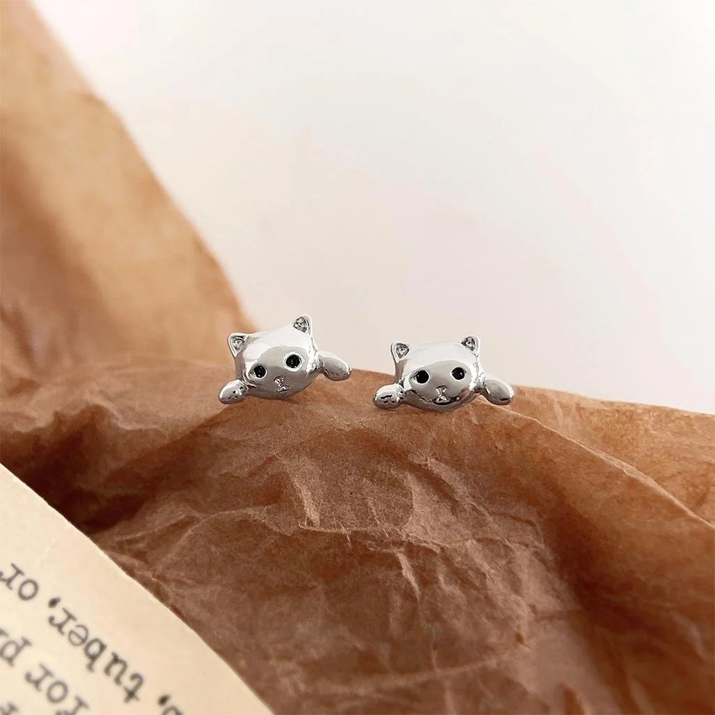 Cute Mini Cat Copper Stud Earrings For Women, Minimalist Animal Daily Commuter Jewelry