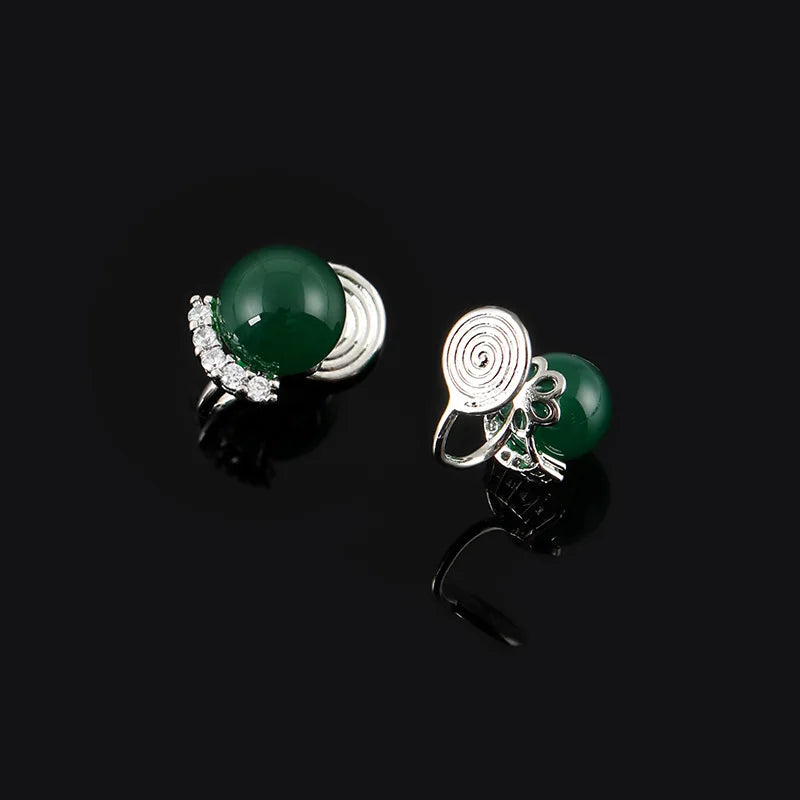 Vintage Chinese Style Green Agate Round Bead Rhinestone Spiral Stud & Clip On No Piercing Earrings