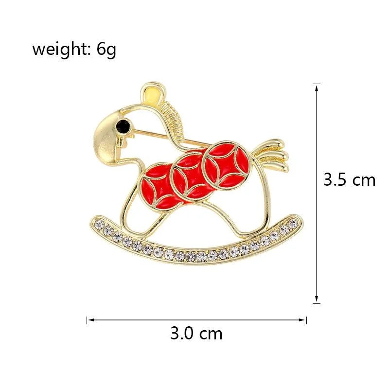 Luxury Red Enamel Rocking Horse Brooch With Rhinestone Paved Base, Elegant Women's Lapel Pin Gift