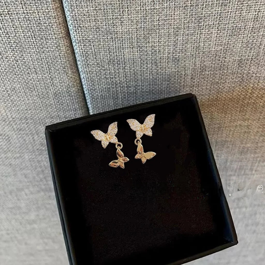 Elegant Copper Micro Pave Zircon Butterfly Stud Earrings, Minimalist Sweet Animal Jewelry