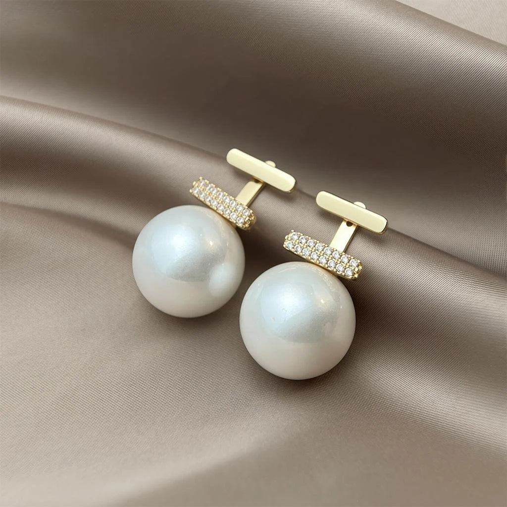 Light Luxury Two-Way Micro Pave Zircon Pearl Drop Earrings And Copper Geometric Design