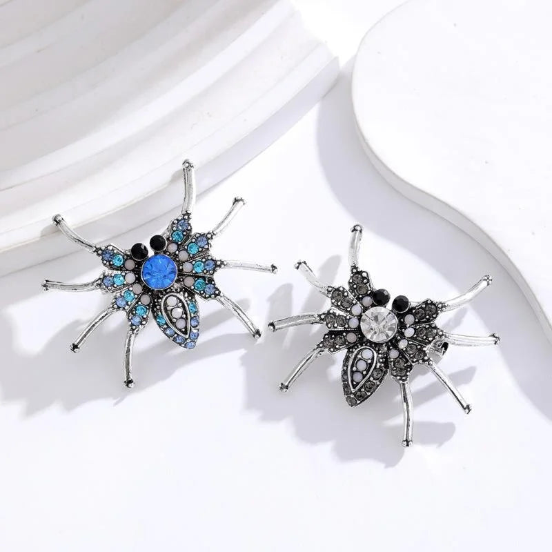 Luxury Blue Rhinestone Spider Brooch Vintage Alloy Halloween Lapel Pin For Men's Suit Accessory Gift