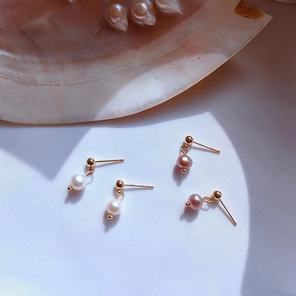 Silver Plated 14K Gold Natural Freshwater Pearl Geometric Minimalist Stud Earrings