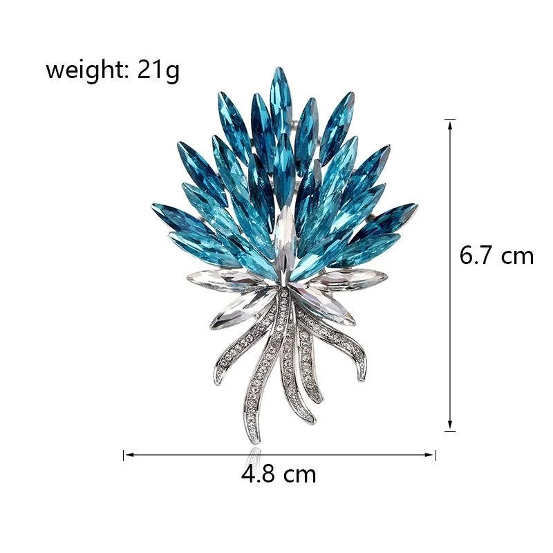 Luxury Blue Crystal Flower Bouquet Brooch With Rhinestone Stems, Elegant Corsage Lapel Pin Suit Accessory