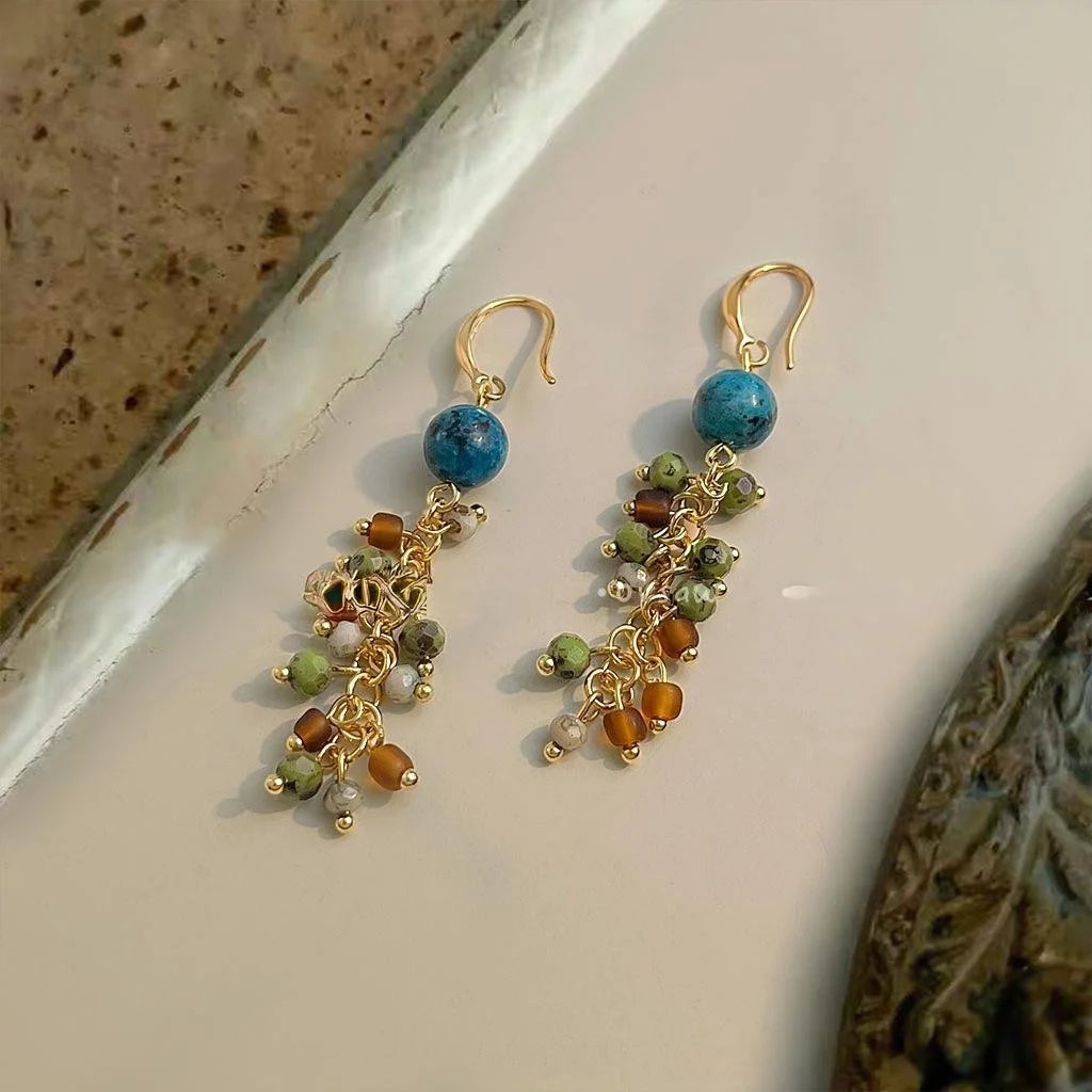 Vintage Ethnic Natural Stone Glass Geometric Tassel Drop Earrings Handmade Designer Jewelry