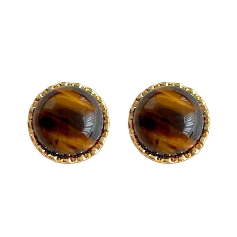 14K Gold Plated Copper Tiger Eye Round Geometric Stud Earrings For Women Minimalist Office Jewelry