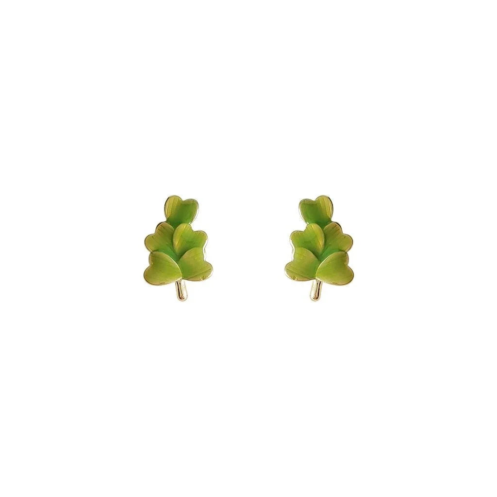 Fresh Forest Style Copper Enamel Heart Leaf Flower Stud Earrings for Women