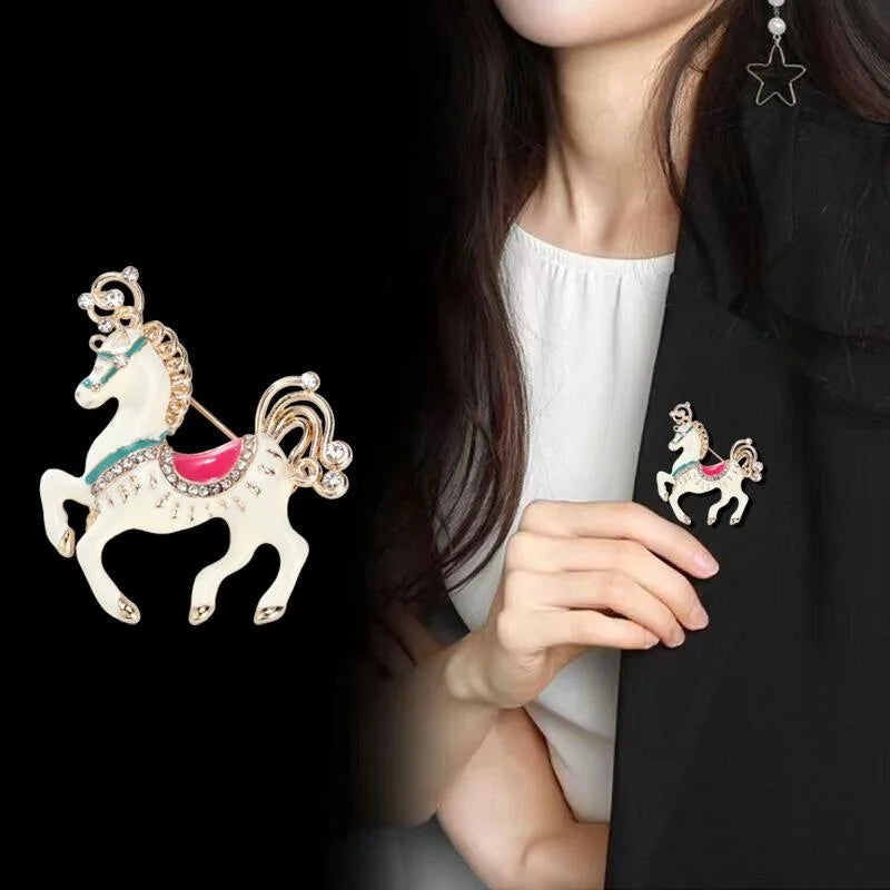 Cute Enamel Unicorn Horse Brooch With Rhinestone Alloy Lapel Pin, Elegant Animal Corsage Gift Accessory