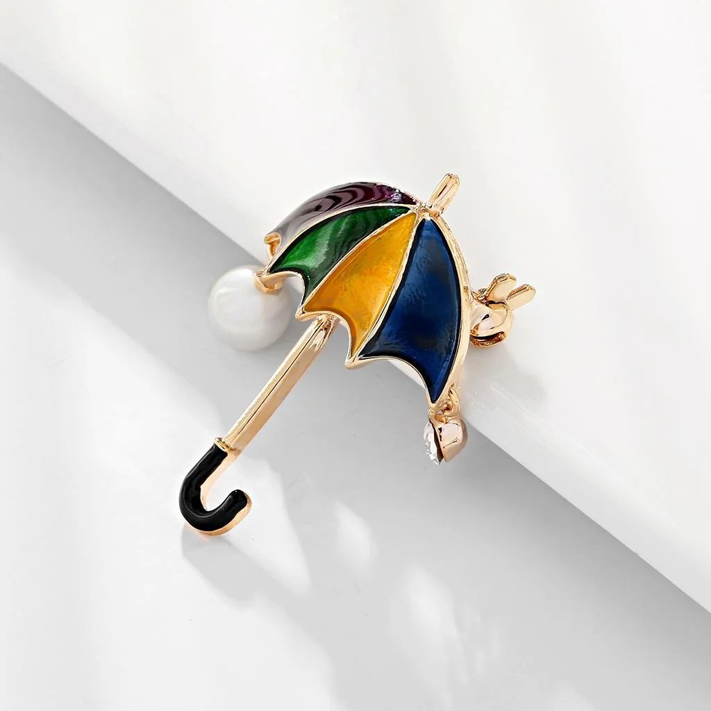 Elegant Enamel Umbrella Brooch Alloy Rhinestone Pearl Lapel Pin, Creative Suit Corsage Gift Accessory