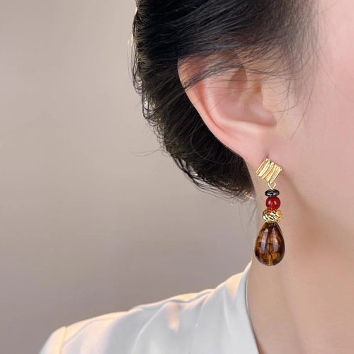 Vintage Maillard Geometric Teardrop Drop Earrings, Copper Black Onyx Red Agate Resin Tassel