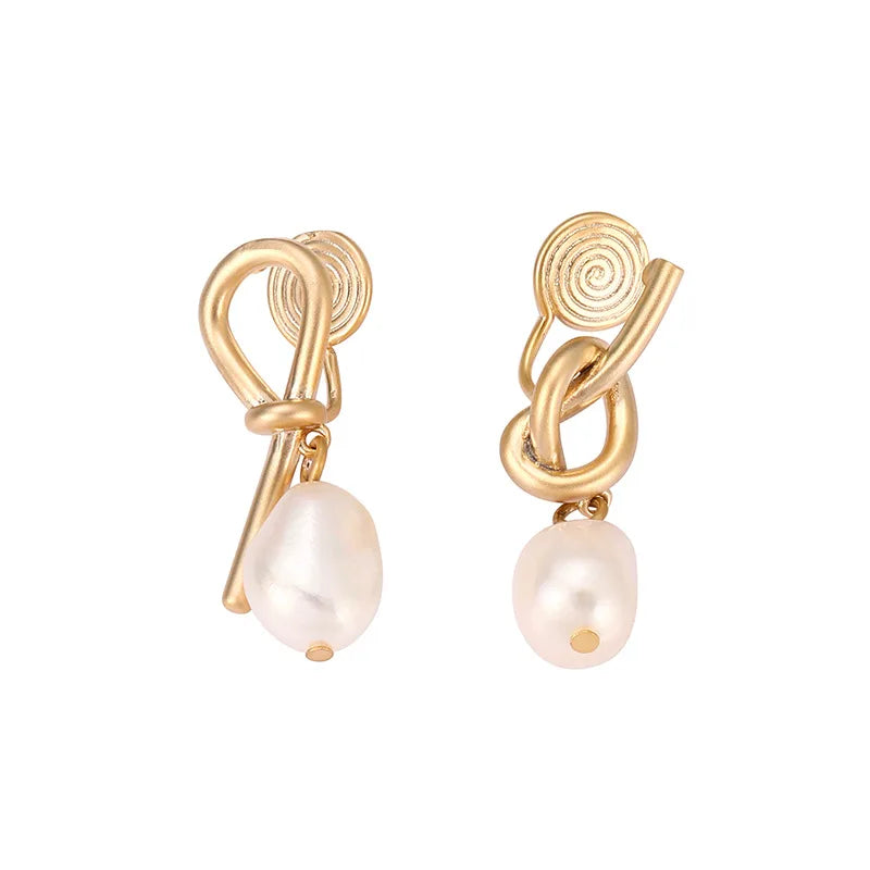 Luxury Elegant Gold Alloy Knot Spiral Baroque Freshwater Pearl Drop Stud & Clip On No Piercing Earrings