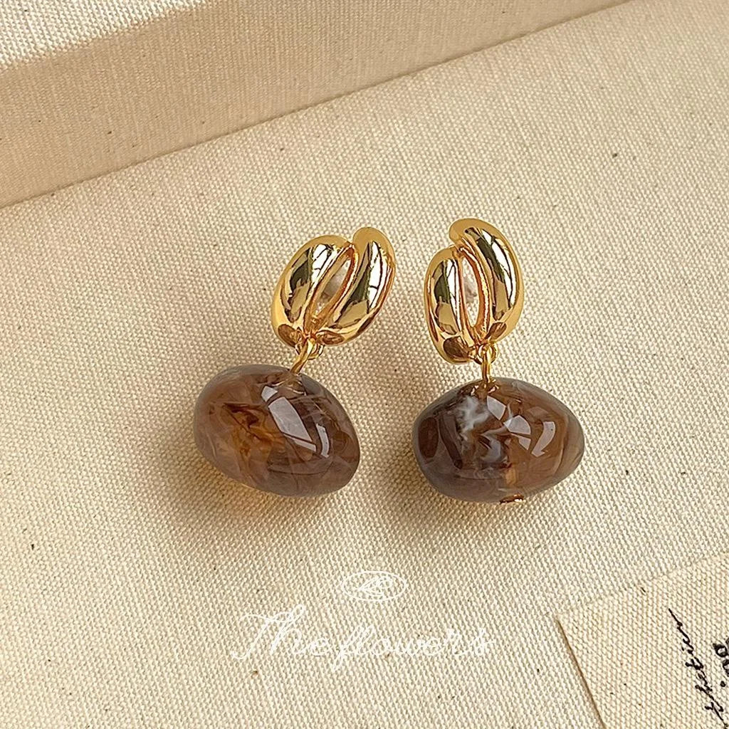 14K Gold Plated Copper Irregular Geometric Amber Drop Earrings Vintage Handmade Style