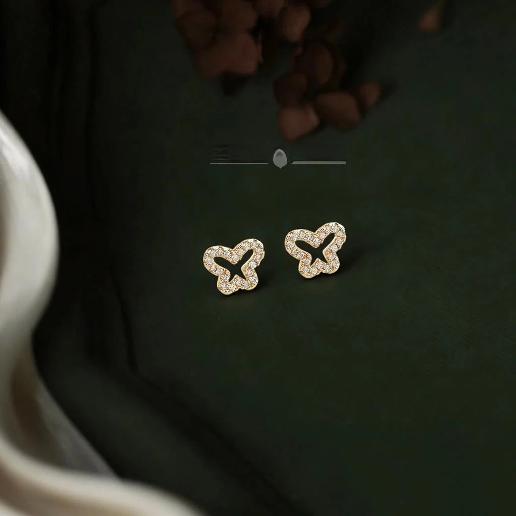 Mini Hollow Butterfly Stud Earrings Copper Zircon Light Luxury Minimalist Daily Jewelry