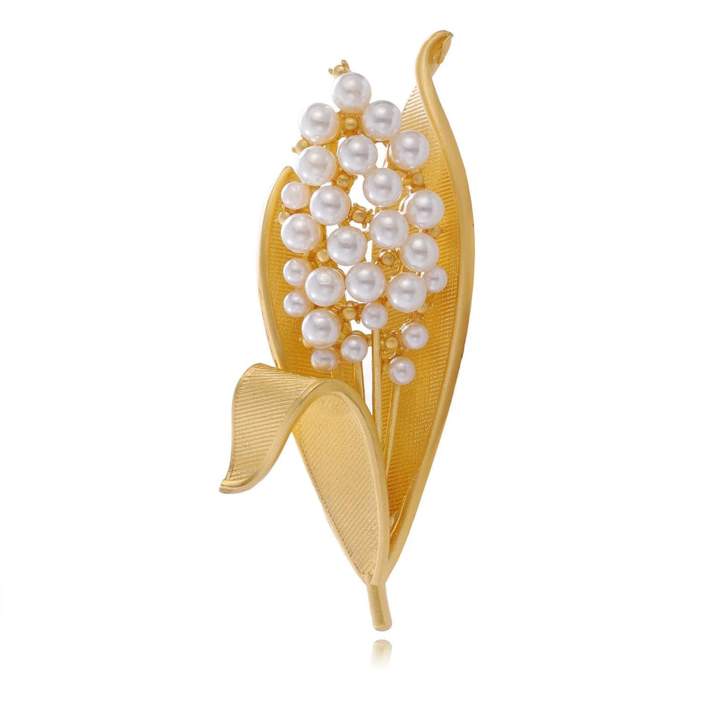 Elegant Gold Alloy Pearl Lily Of The Valley Leaf Brooch For Women, French Lapel Pin Suit Accessory