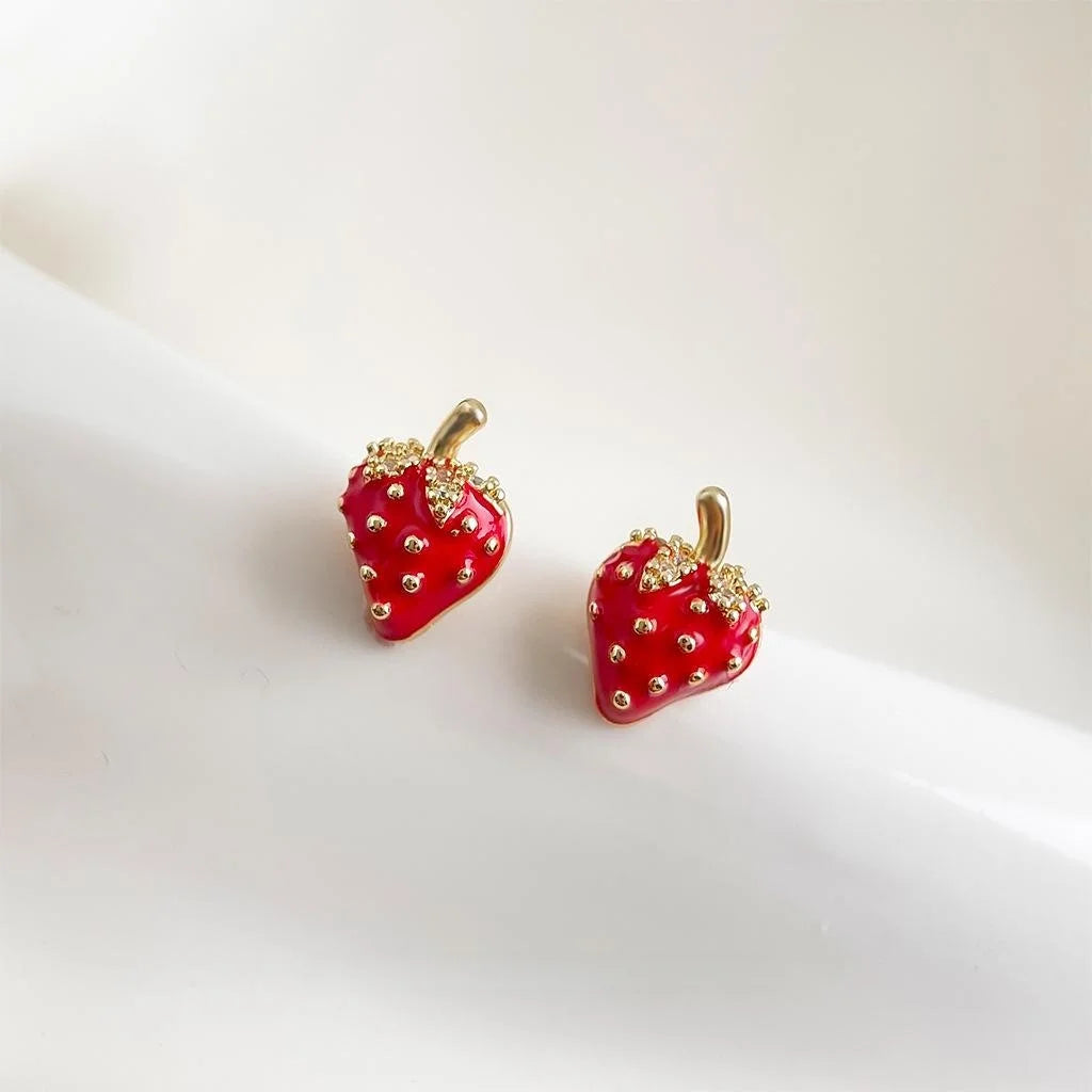 Sweet Pastoral Strawberry Stud Earrings Copper Enamel Zircon Fruit Jewelry