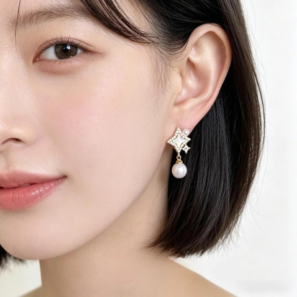 Light Luxury Copper Real Shell Zircon Pearl Tassel Starburst Drop Earrings For Women