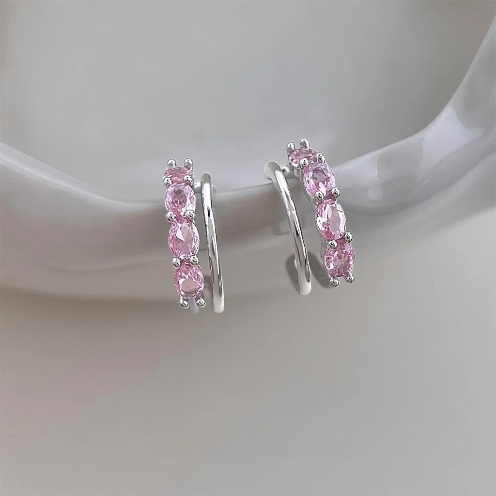 Pink Zircon Micro Pave Copper C-Shaped Double Layer Hoop Earrings Sweet Luxury Style