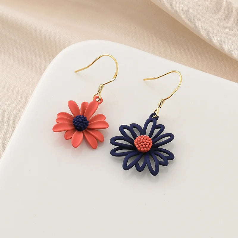 Asymmetric Enamel Daisy Flower Alloy Stud & Clip On No Piercing Sweet Dangle Drop Earrings