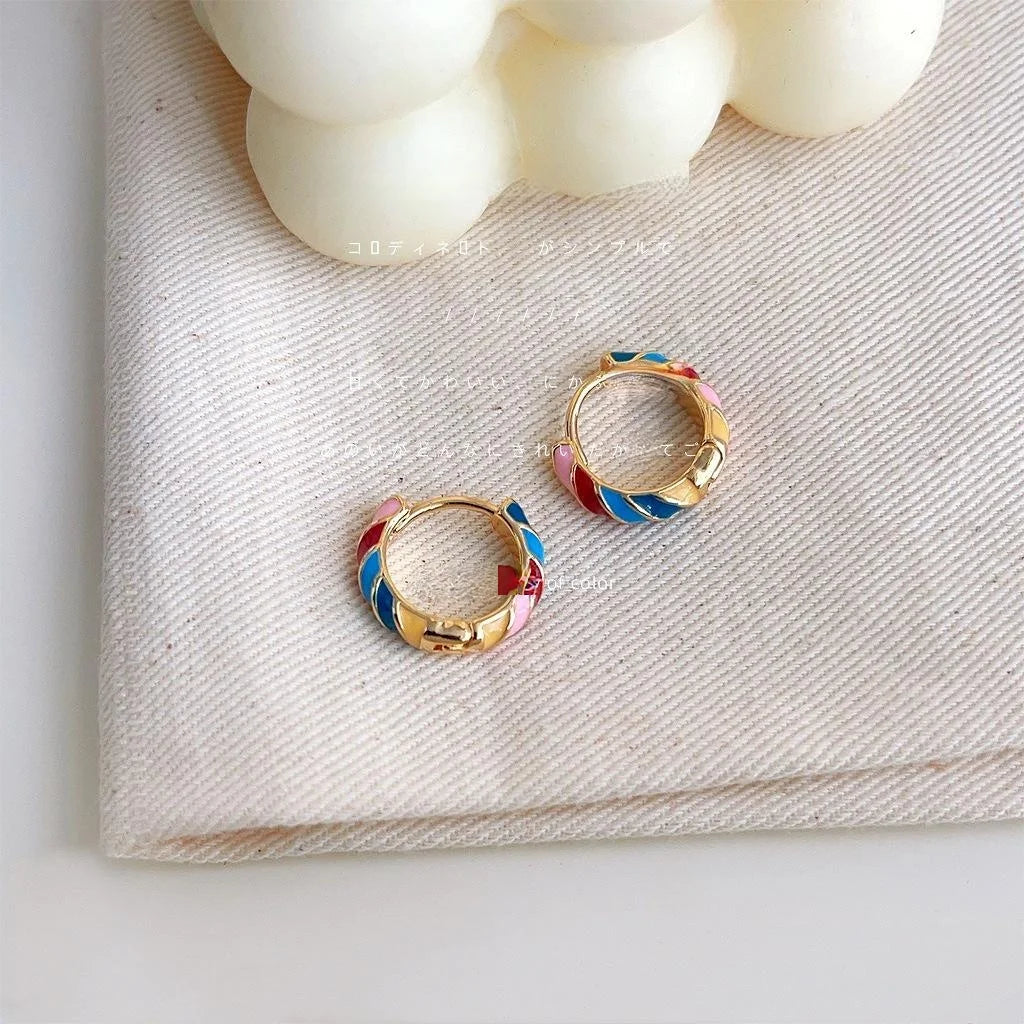 Sweet Minimalist Colorful Enamel Round Geometric Copper Stud Earrings For Daily Wear