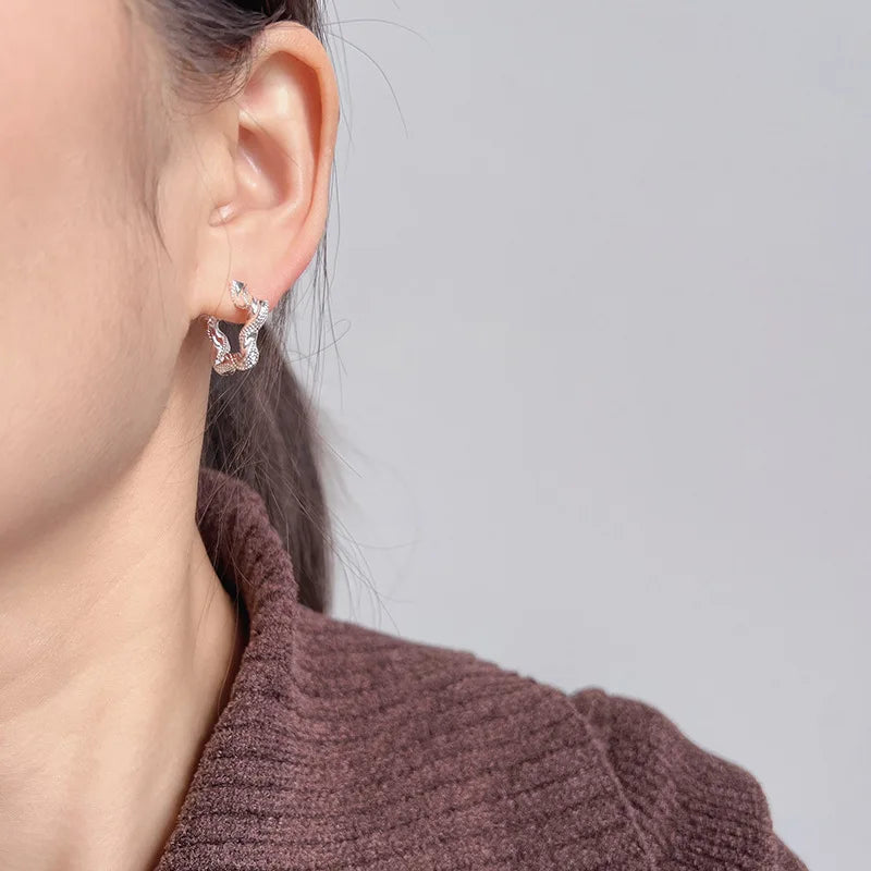 Elegant Silver Alloy Five Point Star Hoop Stud & Clip On No Piercing Wavy Textured Fashion Earrings