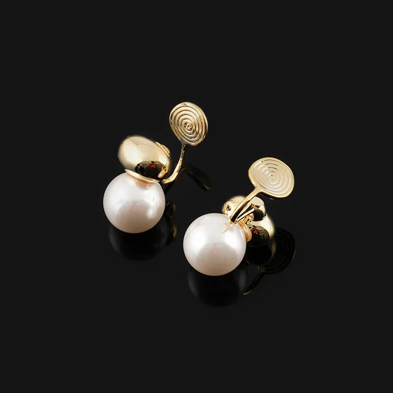 Elegant Pearl Gold Alloy Spiral Coil Bean Stud & Clip On No Piercing Minimalist Fashion Earrings