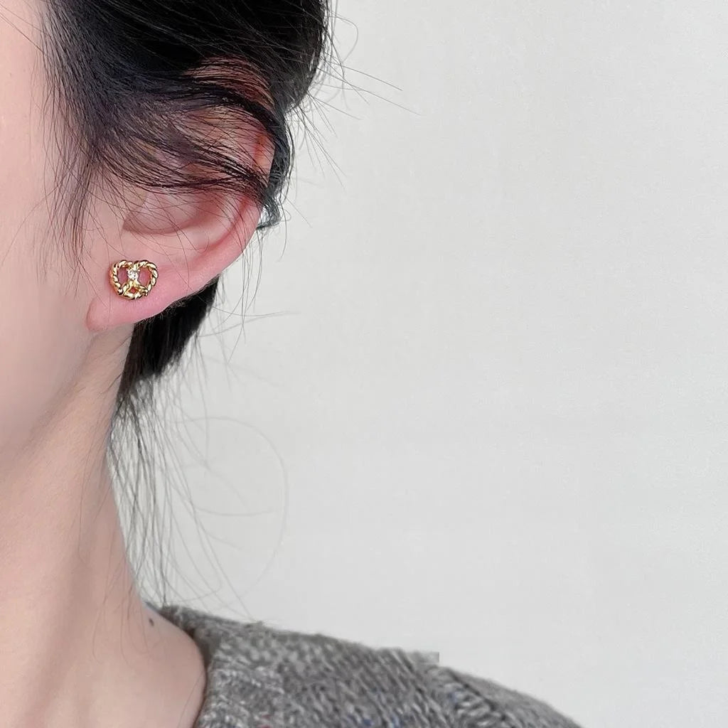 14K Plated Copper Heart Stud Earrings, Mini Micro Pave Zircon Everyday Jewelry