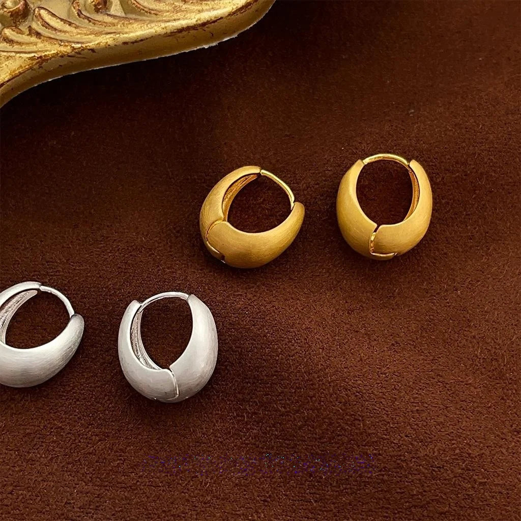 Brushed Matte Copper Oval Stud Earrings French Vintage Minimalist Geometric Jewelry