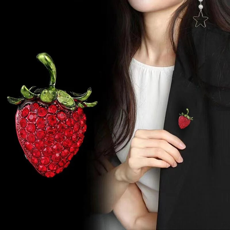 Cute Strawberry Fruit Brooch With Red Rhinestones And Green Enamel Leaves, Elegant Lapel Pin Gift