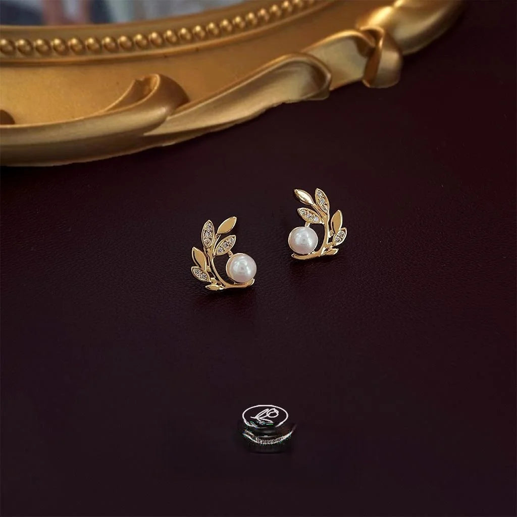 14K Gold Plated Copper Zircon Pearl Wheat Leaf Stud Earrings Simple Geometric Jewelry