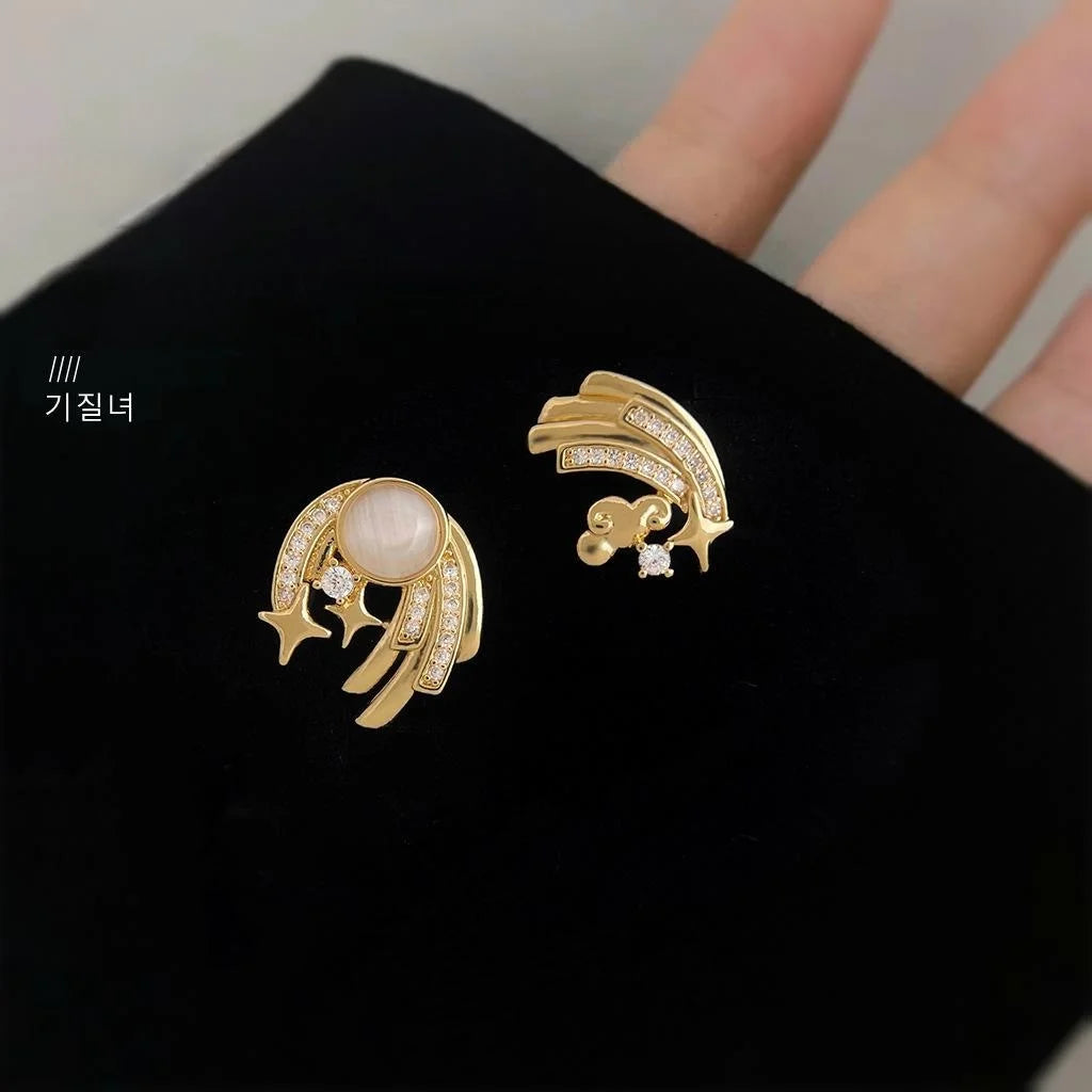 Light Luxury 14K Plated Copper Glass Cat Eye Cloud Star Zircon Stud Earrings