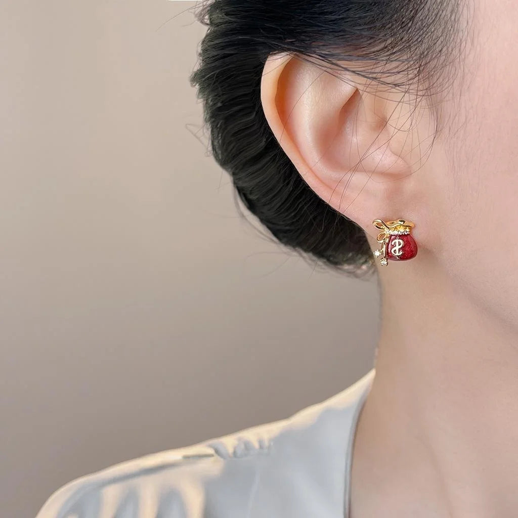 Luxury Burgundy Enamel Zircon Copper Money Bag Stud Earrings