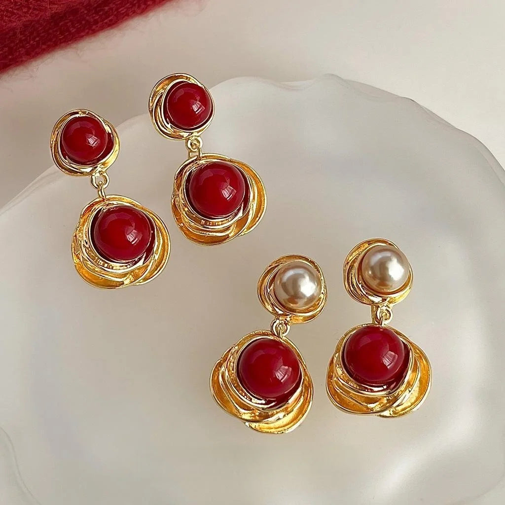 Vintage Burgundy Red Pearl Long Tassel Drop Earrings Handmade Copper Geometric Luxury Style