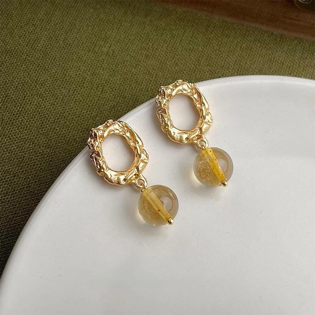 French Vintage Matte Gold Plated Natural Citrine Crystal Geometric Hoop Drop Earrings