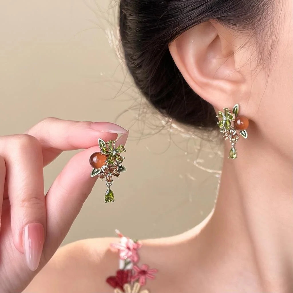 Vintage Floral Persimmon Leaf Drop Earrings With Zircon Resin And Copper Silver-Plated Pins