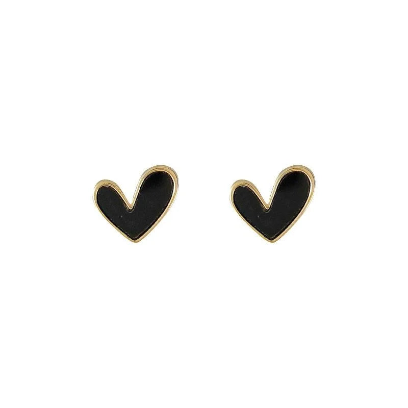 Korean Minimalist 14K Plated Copper Heart Stud Earrings Black White Fashion Jewelry